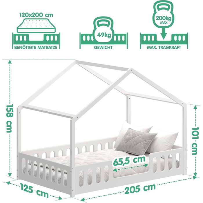 Домашнє ліжко CADANI Janne 2в1 200x120 см біле, знімний гнучкий захист від випадіння, дитяче ліжко, що розкладається, дизайн Монте