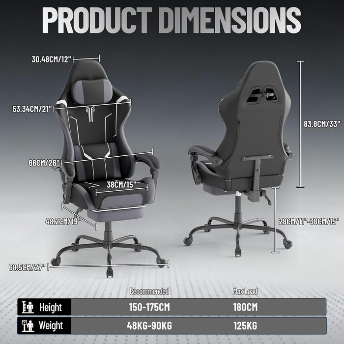 Ергономічне ігрове крісло зі штучної шкіри з функцією масажу, ігрове крісло з висувною підставкою для ніг, зручне офісне крісло/комп&39ютерне крісло з вантажопідйомністю 135 кг для домашнього офісу, чорно-біле.