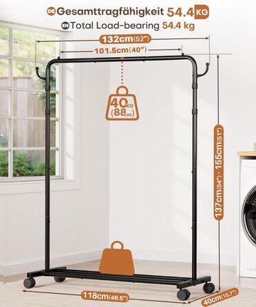 Багатофункціональна вішалка для одягу Yorbay з регульованою висотою на колесах міцна металева вішалка для одягу з полицею для багажу - компактна вішалка для одягу для спальні та пральні (117,5 см) чорного кольору 117,5 см