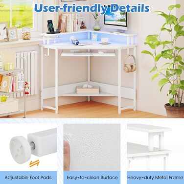 Комп&39ютерний стіл FANTASK L-подібної форми зі світлодіодним підсвічуванням, кутовий стіл з підставкою для клавіатури та монітора, компактний стіл для дому та офісу (білий)