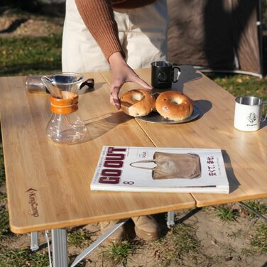 Бамбуковий кемпінговий стіл KingCamp, розкладний стіл 100x72 см для 4-6 осіб, міцна алюмінієва рама, 3 налаштування висоти з сумкою для перенесення для саду, пікніка, кемпінгу, використання на свіжому повітрі та 3 фіксовані висоти, 100 x 72 см