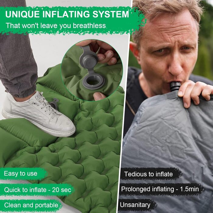 Килимок для сну WANNTS, надлегкий надувний килимок для сну для кемпінгу, вбудований насос, ідеальний для кемпінгу, походів, повітряна подушка, сумка для перенесення, ремкомплект, компактний та легкий килимок для кемпінгу (зелений)