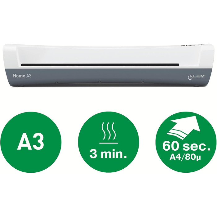 Ламінатор Leitz iLAM Home A3, для ламінувальних пакетів товщиною від 75 до 125 мікрон, час прогріву 3 хвилини, стартовий комплект із 5 пакетами, ідеально підходить для використання вдома, в офісі та школі, білий, 74320001 A3 Single