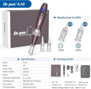 Електрична дерма-ручка A10 з РК-дисплеєм та 5 рівнями, вкл. 10 картриджів з голками Регульована 0-2,5 мм Бездротова мікроголкова дерма-ручка для шкіри обличчя