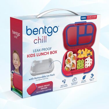 Ланчбокс для дітей Bentgo Kids Chill герметичний, з охолоджуючим елементом, 4 відділення, контейнер для бенто, придатний для мікрохвильової печі та посудомийної машини, червоно-синій