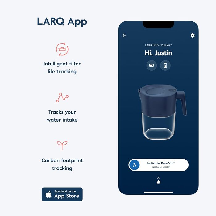 Глек LARQ 1,9 л PureVis УФ-фільтр для водопровідної води з самоочищенням Видалення хлору та PFAS відстеження програми Рослинний фільтр Гарантія 2 роки Чистий білий