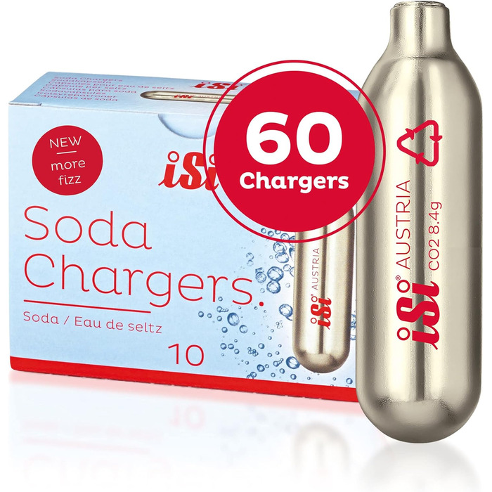 Капсули 8,4 г (упаковка 6x10) - Содові капсули підходять для Sodamaker Classic, Twist'n Sparkle & Gourmet Whip - Картриджі CO2 для смачних газованих напоїв та коктейлів - Зроблено в Австрії, 2