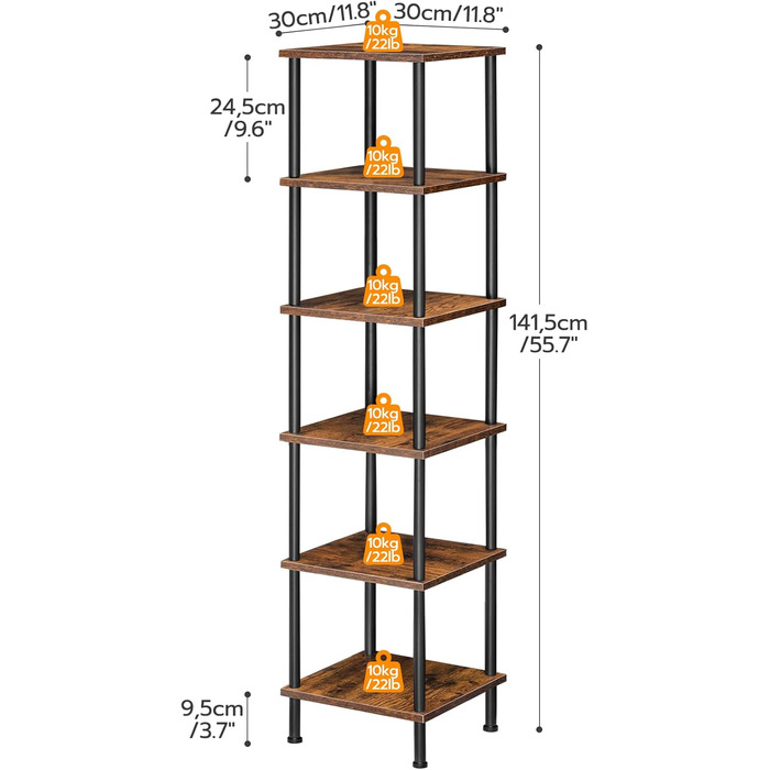 Полиця HOOBRO, 6-ярусна книжкова шафа, вузька кутова полиця, окремостояча полиця, промислова полиця, полиця для зберігання, офісна полиця, відкриті полиці для вітальні, спальні, балкона, кухні, вінтажний коричневий EBF55CJ01 Вінтажний коричневий чорний 30