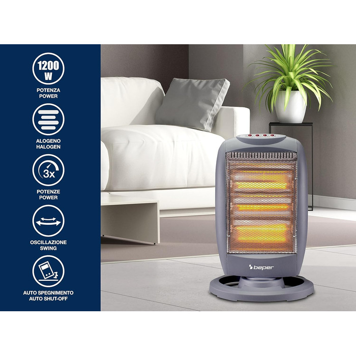Галогенна нагрівальна панель BEPER P203PAN011, 400/800/1200 Вт, 3 нагрівальні елементи, 3 рівні потужності, автоматичне горизонтальне коливання, функція ECO та автоматичне вимкнення, сіра