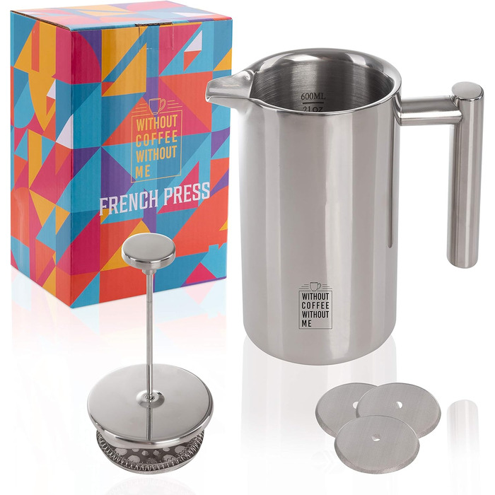 Френч-прес з нержавіючої сталі NOUTEN преміум-класу 0,6 л - Ізоляційний ефект завдяки конструкції з подвійними стінками - Накип для ідеального приготування - Змінний фільтр в комплекті - 2 роки Повернення грошей 600 мл