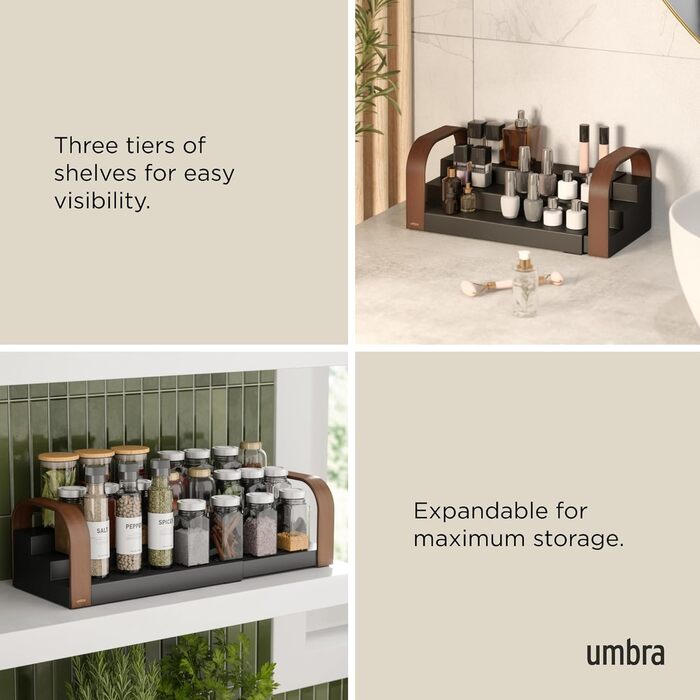 Трирівнева підставка для спецій Umbra Bellwood, розширювана кухонна підставка-органайзер виготовлена з міцного пластику та дерева, чорний/горіховий колір