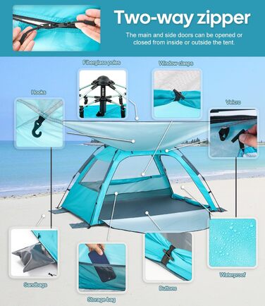 Пляжний намет для 2-4 осіб, розкладний пляжний намет із сонцезахисним тентом, захист від ультрафіолету UPF 50, водонепроникний для сімей, пляжу, кемпінгу, саду, синій
