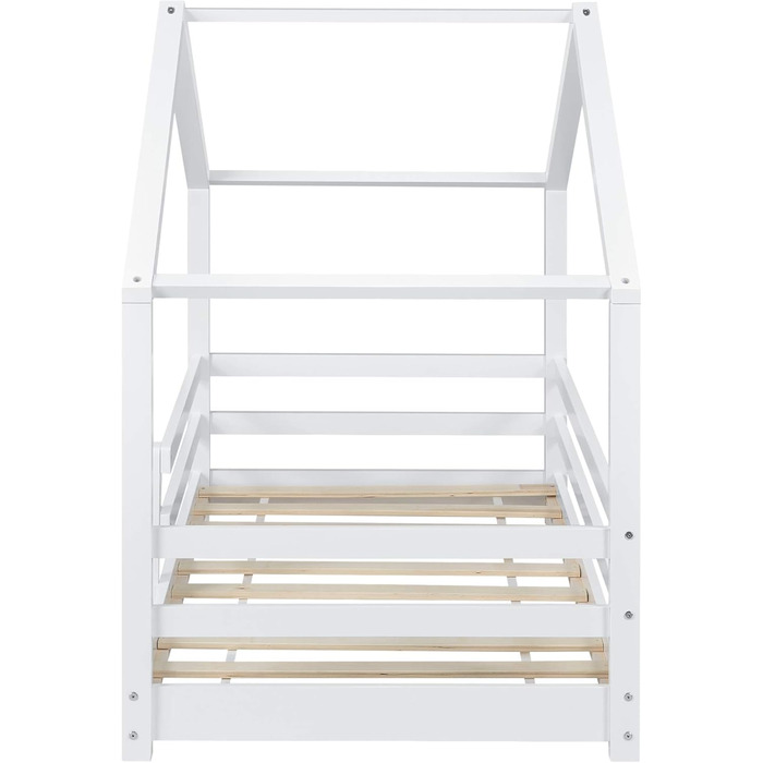 Дитяче ліжко Kntten, Ліжко-будиночок, Ліжко на підлозі, 80 x 160 см, Дерев&39яне ліжко для дітей із захистом від падіння, Каркас ліжка з рейковою основою, Сосна, Біле, 80x160 см