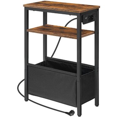 Журнальний столик HOOBRO із зарядною станцією, тумбочка з місцем для зберігання, диван-столик з розеткою та USB-портами, для невеликих приміщень, спалень, віталень, рустикальний коричневий та чорний EBF125CBZ01 темно-коричневий чорний