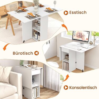 Розкладний обідній стіл на 2 колесах, Мобільний розкладний обідній стіл з 2-рівневою полицею та шухлядою (білий)