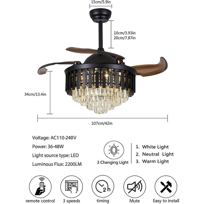 Тиха лампа вентилятора Розкішний кришталевий стельовий вентилятор зі світлом Висувні лопаті люстра вентилятор лампа з пультом дист