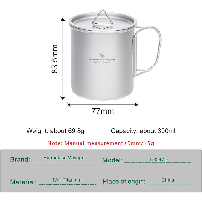 Титанова кружка Boundless Voyage з кришкою, для використання на свіжому повітрі, легка, для походів, подорожей з рюкзаком, кемпінгу (300 мл - сіра)