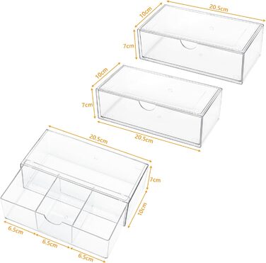 Секційний органайзер для косметики з висувними шухлядами, міні-органайзер для ванної кімнати з висувними шухлядами. Штабельований прозорий акриловий органайзер для макіяжу, для туалетного столика, ванної кімнати, спальні, письмового столу, 3-