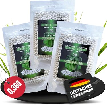 Кульки BB Bio Sniper Airsoft 6 мм преміум-класу – біорозкладні, 0,36 г, 3 × 1000 шт., ідеальні для снайперської стрільби