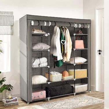 Тканинна шафа Ribelli з 12 відділеннями та вішалки для одягу, приблизно 175 x 150 x 45 см, Складана шафа з вілу, Шафа для спальні, вітальні, гардеробної, Сірий, 12 відділень, Сірий