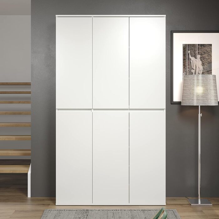 Багатофункціональна шафа - Біла - Шафа з 6 дверима, 12 полицями та 1 вішаком для одягу - (Ш x В x Г) 111 x 191 x 34 см - дверцята без ручок
