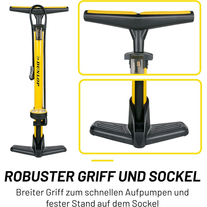 Велосипедний насос Dunlop з подвійним клапаном - велосипедний повітряний насос з 2 адаптерами - для всіх клапанів - клапани Dunlop, Presta та Schrader - 12 бар/180 PSI - ножний насос, манометр, жовтий