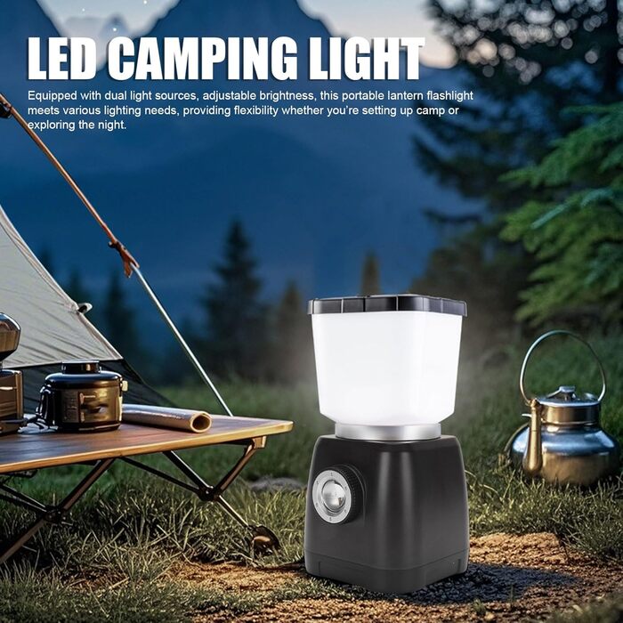 Ліхтар для кемпінгу з ручним керуванням ємністю 6000 мАг, водонепроникний, акумуляторний, подвійний світлодіодний ліхтар IPX7, портативний зарядний пристрій, 22 години роботи, аварійне освітлення для кемпінгу, (ЧОРНИЙ) Чорний