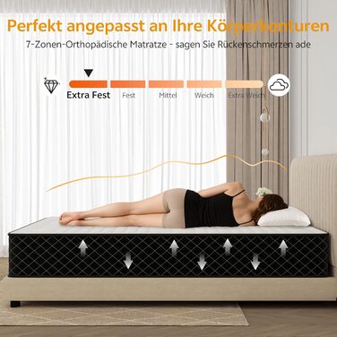 Матрац PurrJoys 160x200 H4 та H5, висота 25 см, сертифікований Oeko-TEX, жорсткий 7-зонний пружинний сердечник з кишеньковою структурою для сну на боці та спині, 100 ночей пробного сну з пружинним блоком з кишеньковою структурою H4 та H5 (160 x 200 x 25 с