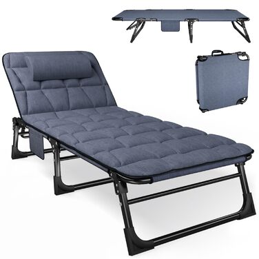 Складаний шезлонг з 4 регульованими положеннями спинки, портативна універсальна комбінація кемпінгового ліжка/шезлонга для саду, басейну, патіо, м&39який матрац та подушки - синій
