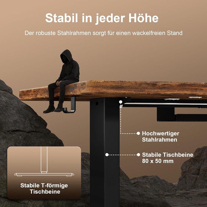 Стіл з регульованою висотою 160 x 80 см з кабельним лотком, Електрично регульований стіл для роботи стоячи з USB-портом, Комп&39ютерний стіл, Ергономічний стіл для роботи сидячи та стоячи, Офісний стіл, Вінтажний коричневий 160 x 80 см