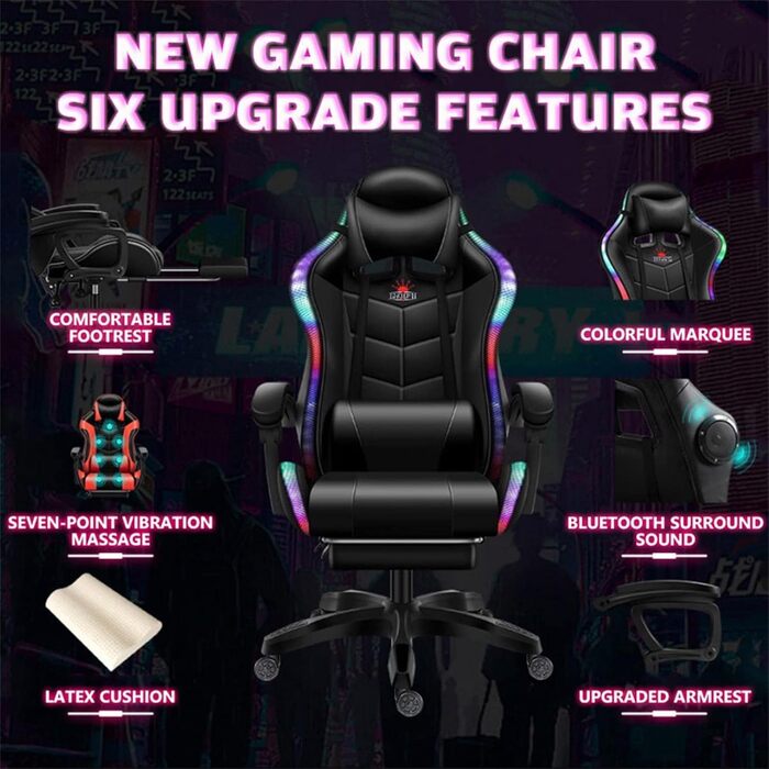 Ігрове крісло для відеоігор зі світлодіодним підсвічуванням, ергономічне професійне з повною масажною поперековою опорою та Bluetooth-динаміком, комп&39ютерне крісло з висувною підставкою для ніг та регульованою спинкою, червоне