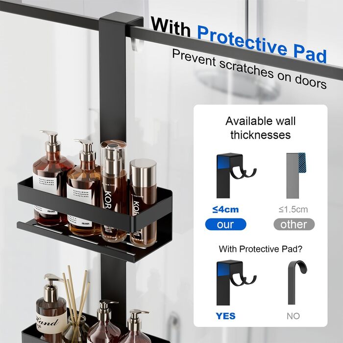 Полиця для душу без свердління, органайзер для ванної кімнати, підвісна полиця для душу для скляних дверей, тримач для шампуню, чорна полиця для ванної кімнати