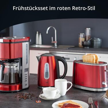 Набір для сніданку KHG Чайник, тостер і кавоварка червоного кольору, нержавіюча сталь металева хромована, ємність 1,7 л, 2 скибочки тостів і 12 чашок кави, світлові індикатори, індикатори рівня води, постійний комплект фільтрів з тостером і кавоваркою