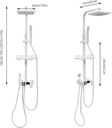 Біла душова система, тропічний душ масажний душовий набір душова арматура з ручним душем вбудована полиця регульована висота 70-115 см, для ванних кімнат, готелів