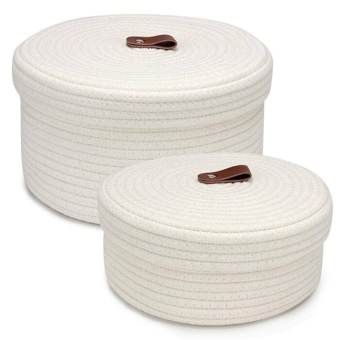 Набір із 2 кошиків для зберігання з кришками, маленький, органайзер для пеленального столика, місце для зберігання косметики, аксесуари для ванної кімнати, білий