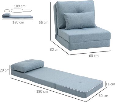 Крісло-ліжко HOMCOM 2-в-1, розкладний диван-ліжко з регульованою спинкою, подушка, гостьове ліжко з лляним виглядом, розкладне крісло для вітальні/спальні, 60 x 80 x 56 см, небесно-блакитний