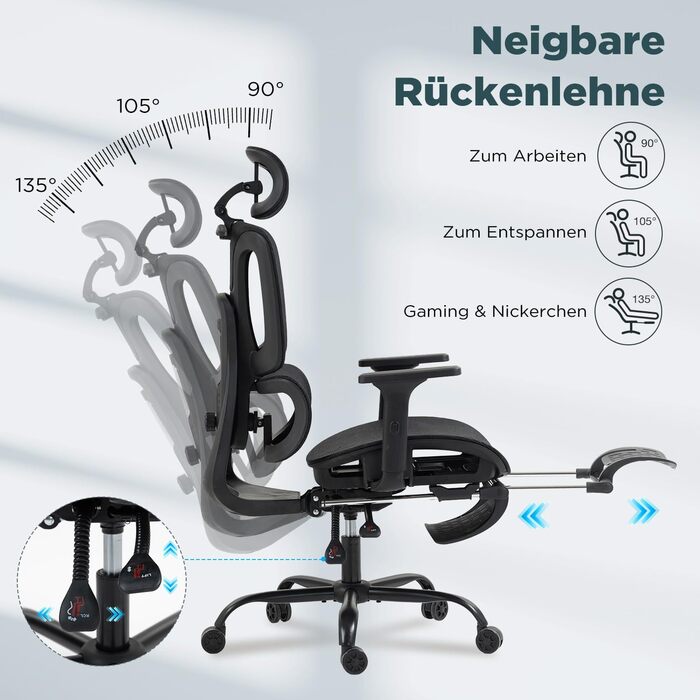 Ергономічне офісне крісло EROMMY з підставкою для ніг 3D-підголівник та регульовані підлокітники Регульоване по висоті робоче крісло з поперековою опорою Поворотне крісло з дихаючої сітки для домашнього офісу та ігор