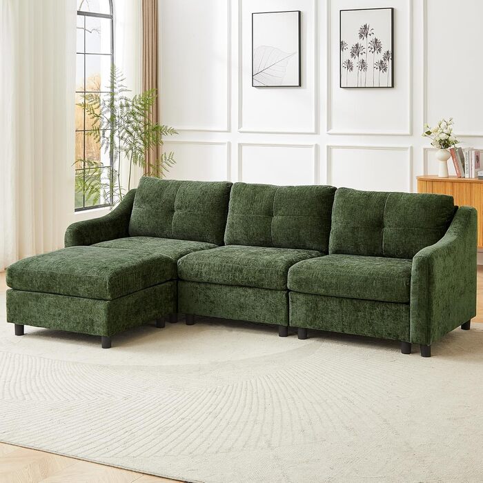 Кутовий диван JIEXI з функцією сну, вельветовий диван, L-подібний диван, кутовий диван, диван-ліжко, 251 см (темно-зелений, 3 місця 1 пуф)