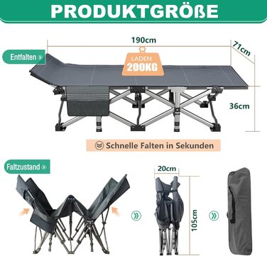 Туристичне ліжко з матрацом, максимальне навантаження 200 кг, розкладне похідне ліжечко 190 x 71 x 36 см, сталевий каркас та тканинне покриття Pxford, розкладне ліжко, гостьове ліжко для дорослих, кемпінг у приміщенні/на вулиці, сад, офіс, 190 x 71 x 36 с