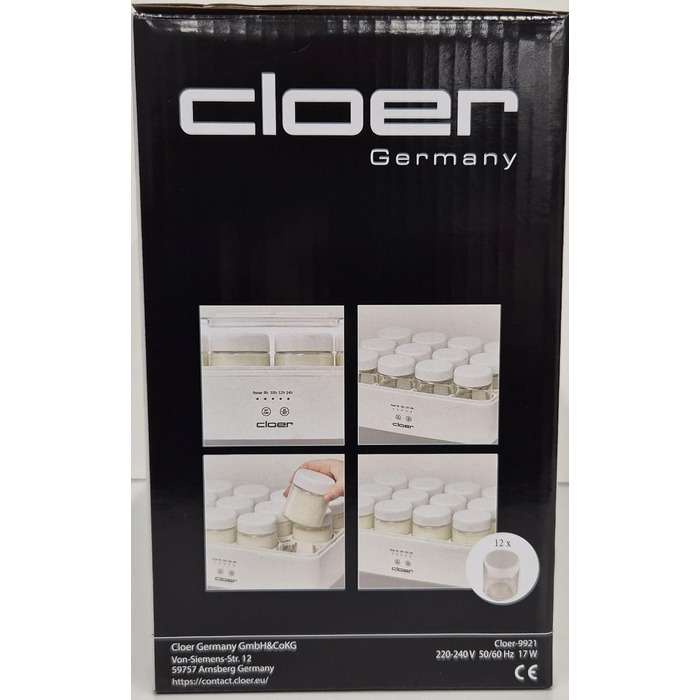 Йогуртниця Cloer 9921 для 12 баночок по 150 мл, таймер 8-14 год, LED-дисплей, звуковий сигнал, прозора кришка, біла, 17 Вт