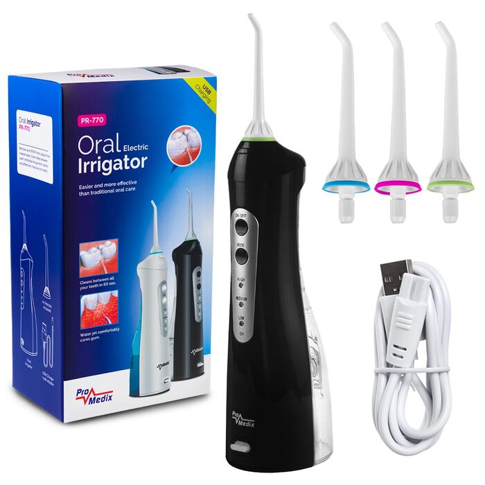 Портативний іригатор для ротової порожнини Бездротовий водний флоссер для чищення зубів та догляду за гігієною ротової порожнини, 4 насадки (Чорний), 770