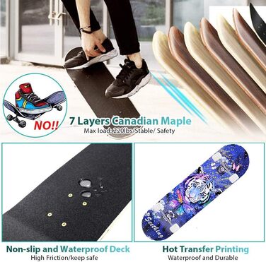 Повний скейтборд 31 x 8 дюймів для хлопчиків, дівчаток, підлітків, дорослих, початківців, 8-шаровий кленовий