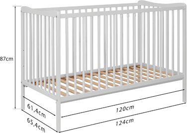 Дитяче ліжко 120x60 см Біле, протестовано на відповідність EN 716, дитяче ліжко з бука, регульована по висоті рейкова основа, 3 знімні перекладини