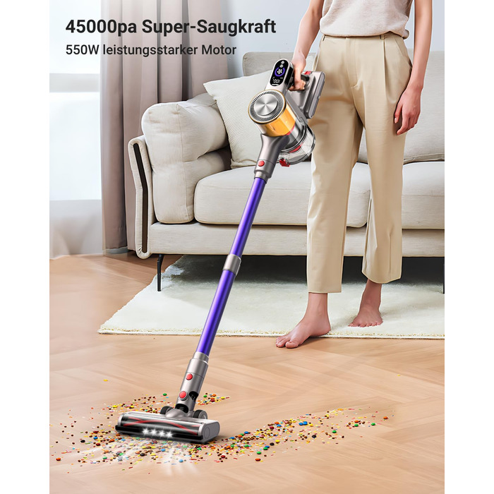 Акумуляторний пилосос, 45000 Па/550 Вт, час роботи 60 хв з настінною зарядкою, ароматична карта, чаша 1,8 л, світлодіодний дисплей