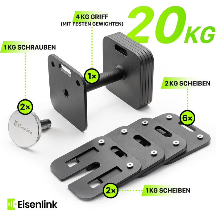 Регульована квадратна гантель Eisenlink (, 20 кг) інноваційна ультракомпактна гантель з протиковзаючим грипом для фітнесу та тренувань вдома