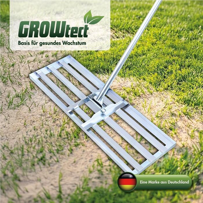 Професійний вирівнювач ґрунту Rasen Rakel 925 см з нержавіючої сталі, з ручкою 2 м для піскування та вирівнювання. Знімний, трисекційний гвинтовий держак для надійності.