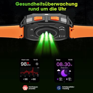 Чоловічий смарт-годинник, 2.01-дюймовий HD смарт-годинник із тривалим часом роботи батареї 1000 мАг, 114 спортивних режимів, фітнес-годинник у військовому стилі з датчиком серцевого ритму/крокоміром/монітором сну/ліхтариком, сумісний з Android iOS, помара