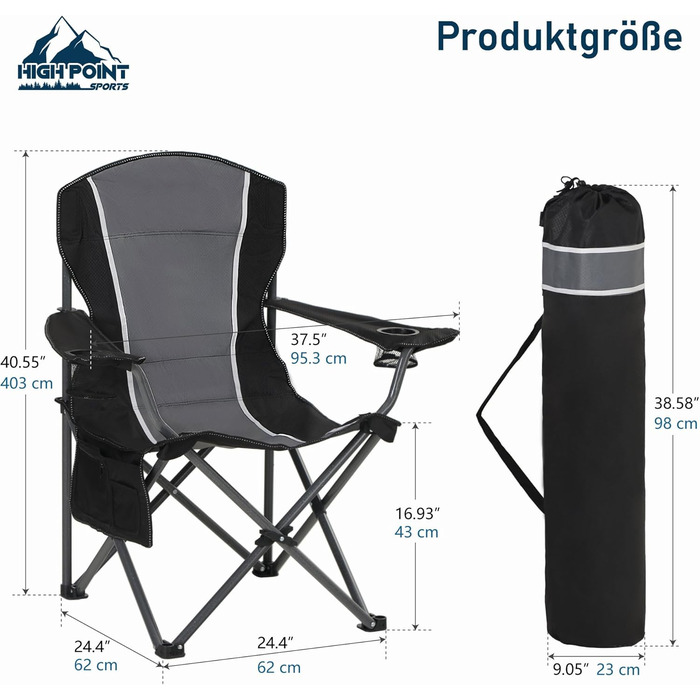 Складане кемпінгове крісло HIGH POINT SPORTS, Рибальське крісло, Розкладне, Вантажопідйомність 160 кг, Розкладне крісло з підлокітниками, Підставка для напоїв, Сталева рама, Портативне кемпінгове крісло, Чорне/Сіре