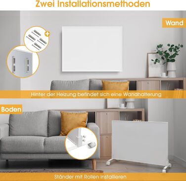 Інфрачервоний окремостоячий обігрівач - 900 Вт - Керування за допомогою застосунку, пульт дистанційного керування та термостат - Електричний обігрівач на ніжках та настінному кріпленні - Окремостоячий обігрівач на колесах - Захист від перегріву - Енергозб