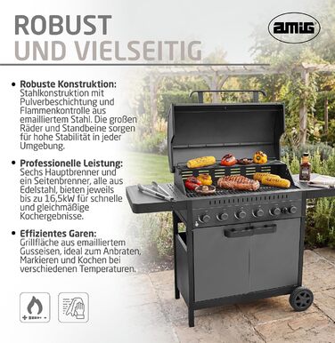 Газовий гриль Amig IGNIS 61 (6 основних 1 бічний пальники), 135 x 55 x 110 см, робоча поверхня 72 x 38 см, з термометром, бічними полицями, колесами та чавунною решіткою, чорний
